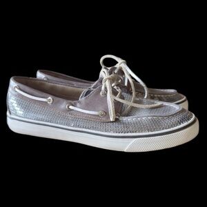 SPERRY ladies silver sequin topsiders excellent condition size 7 1/2